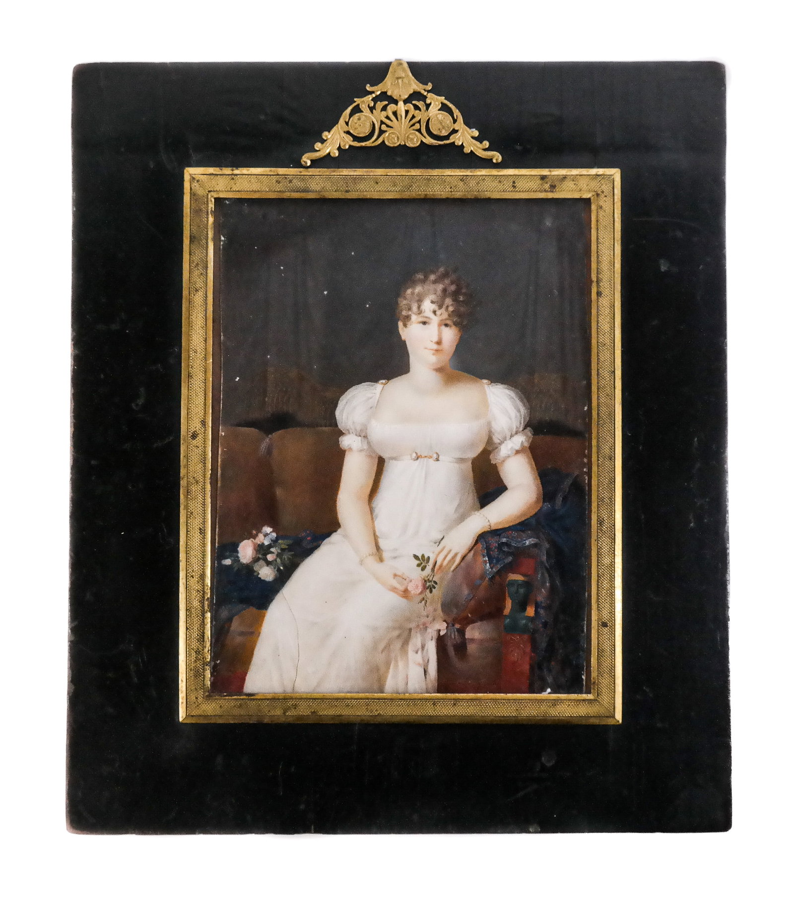 French Empire Oil on Bone Portrait of a Lady: French Empire oil on bone portrait of a lady, 19th century, in an ebonized frame, signed illegibly to lower, possibly Chibard. [Framed: 9.5" H x 8" W]. Condition is good to fair with some fading, a cr
