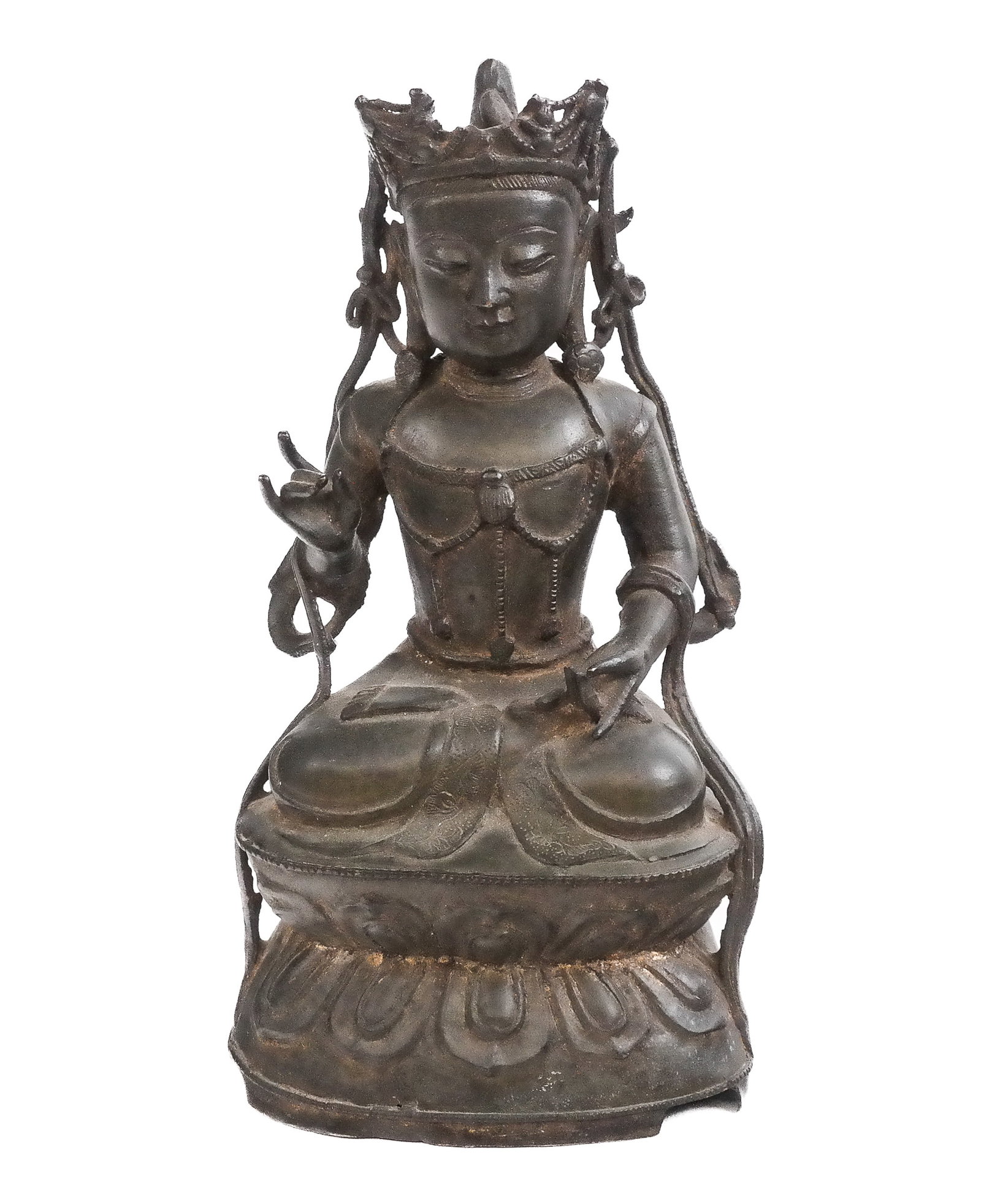 Chinese Ming Dynasty Bronze of a Bodhisattva: Chinese Ming Dynasty bronze of a Bodhisattva, 17th century, seated on a lotus form base, formerly gilt. [9" H x 5" W x 3.5" D]. Condition is good with wear and losses to base including a crack. Proper