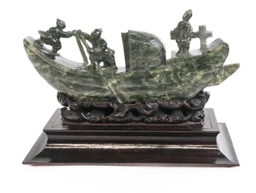 Chinese Carved Spinach Jade Boat