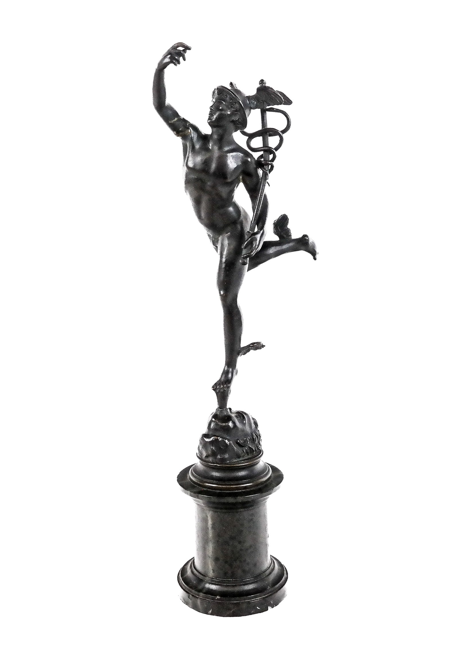 After Giambologna Bronze Figure of Mercury: After Biambologna bronze figure of Mercury resting on a base, unsigned. [15" H x 3" x 6.5" D]. Overall condition is fair, repair to raised arm, cadeusas is loose, with chips marble rim.