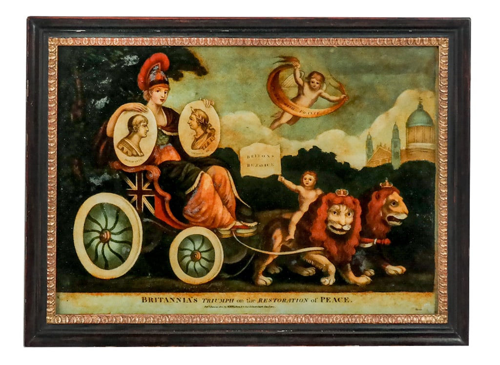 "Britannia's Triumph" Regency Eglomise Mezzotint: "Brittania's Triumph on the Restoration of Peace" eglomise mezzotint in a frame, published by W.B Walker, June 11, 1802 commemorating the Treaty of Amiens following the War of the Second Coalition and