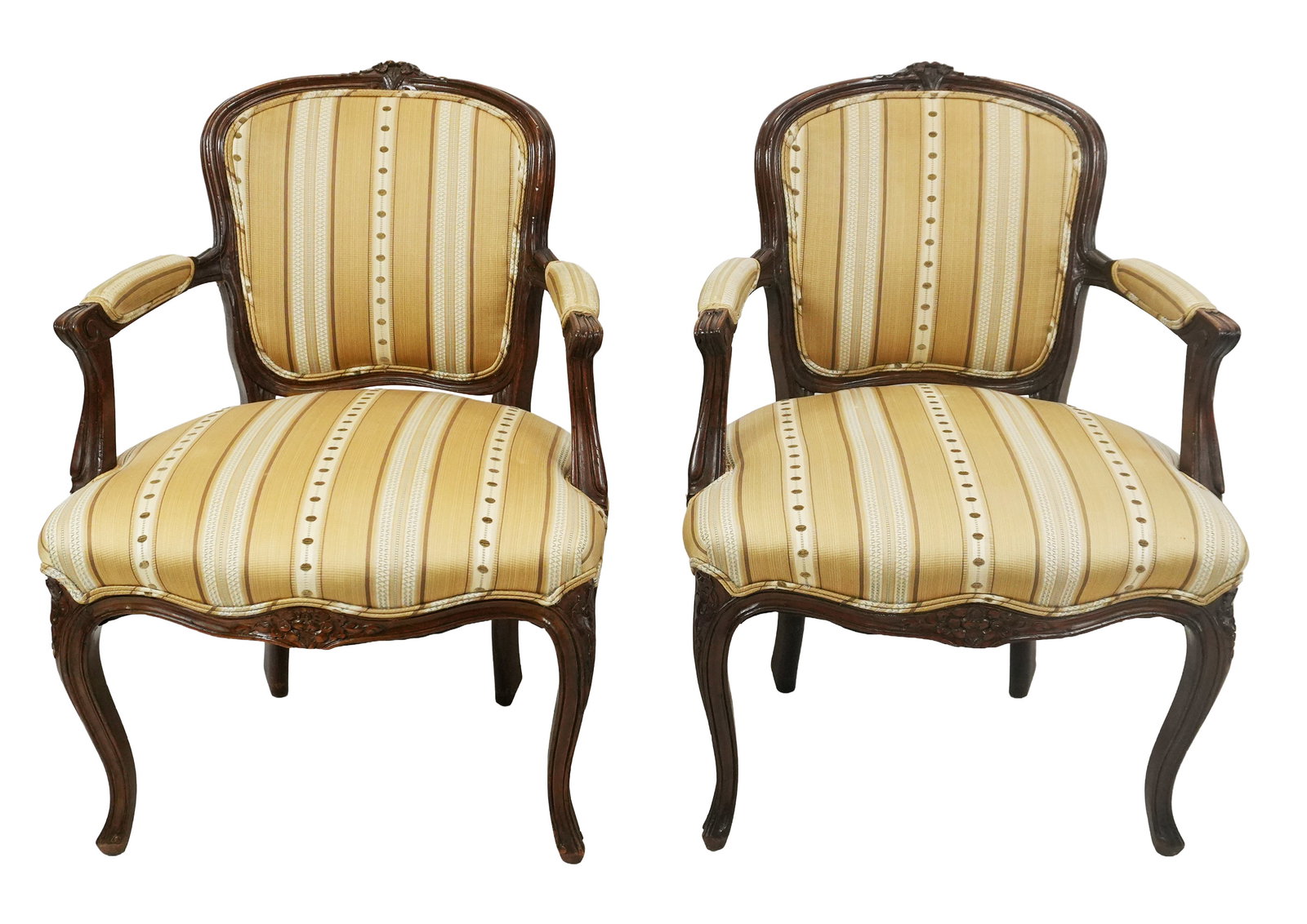 Pair Of French Walnut Open Armchairs: Pair of Louis XV-style chairs with carved crests, late 19th century. [33" H x 22.5" W x 18" D; 16" H to seat]. Split top.