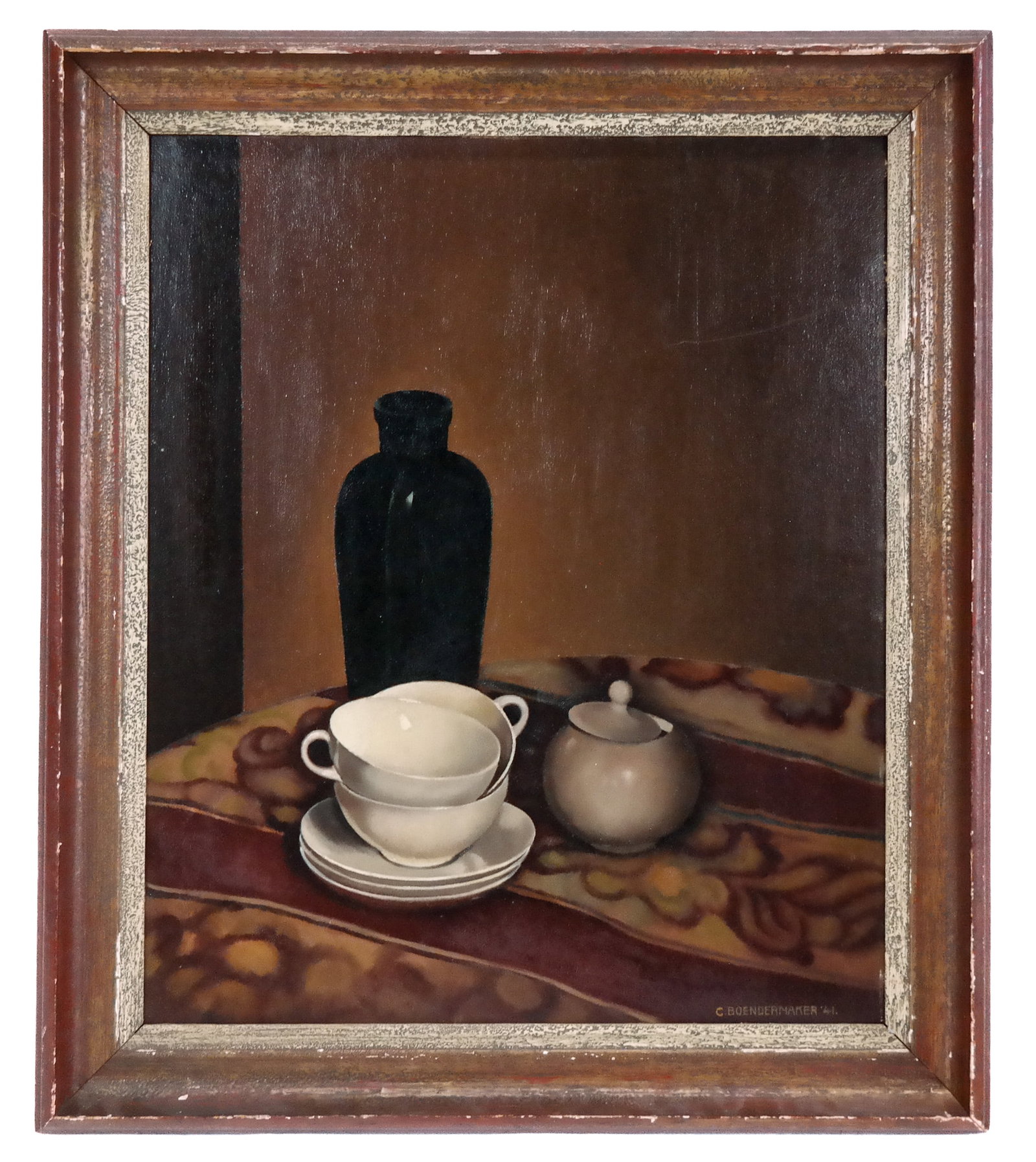 Kees BOENDERMAKER: Mid 20th C. Dutch Still Life: Cornelis (Kees) Boendermaker (Dutch, 1904-1979) oil on board still life with teacups and jug. Signed and dated lower right, "C. Boendermaker '41". [Board: 25.75" H x 21.25" W; Frame: 30.5" H x 26.5" W