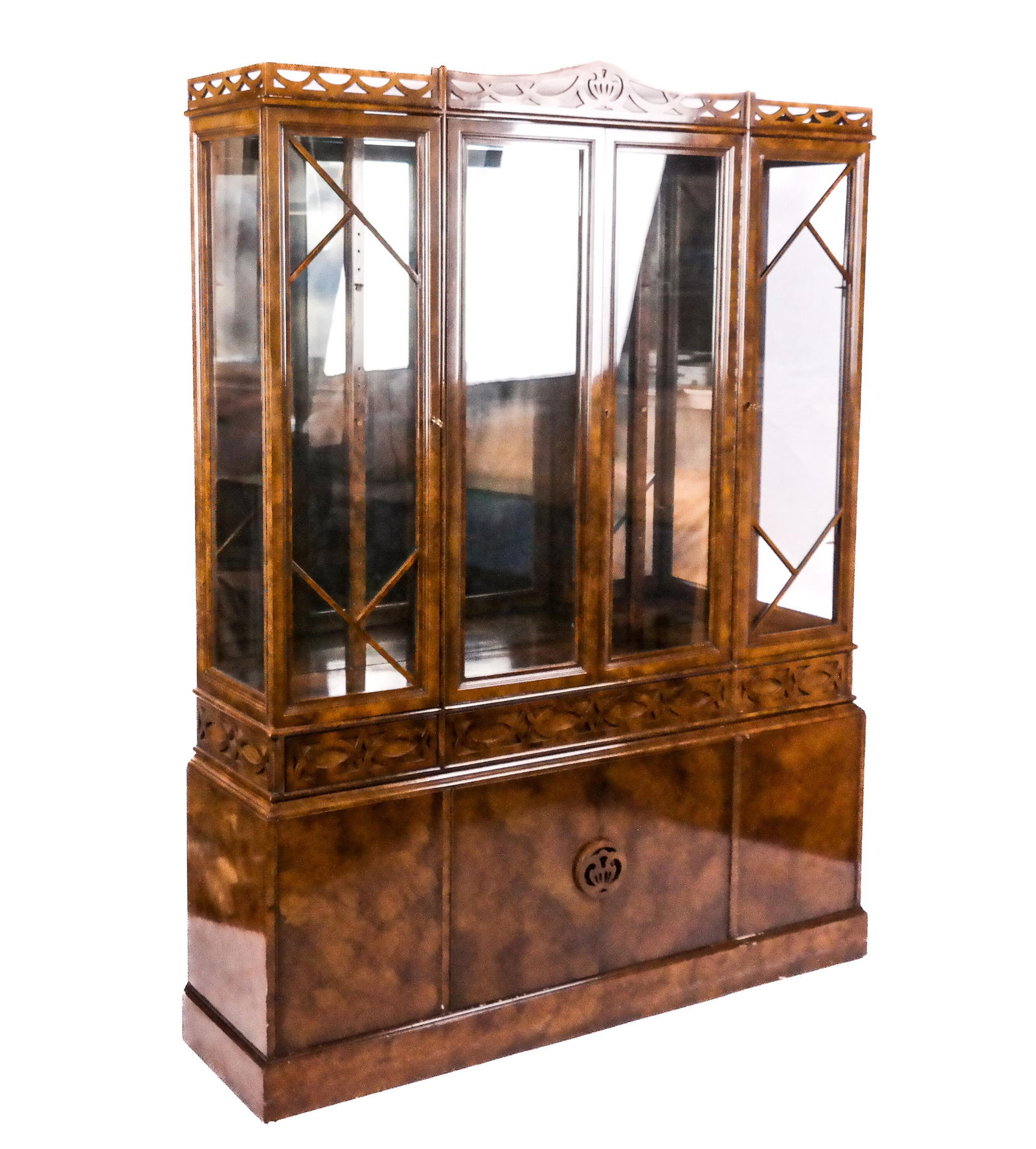 James Mont Hollywood Regency Breakfront: James Mont Hollywood Regency lacquered sideboard, circa 1960, with a pierced and galleried upper, four door vitrine cabinet to upper over three drawers over a cabinet at lower, signed James Mont to in