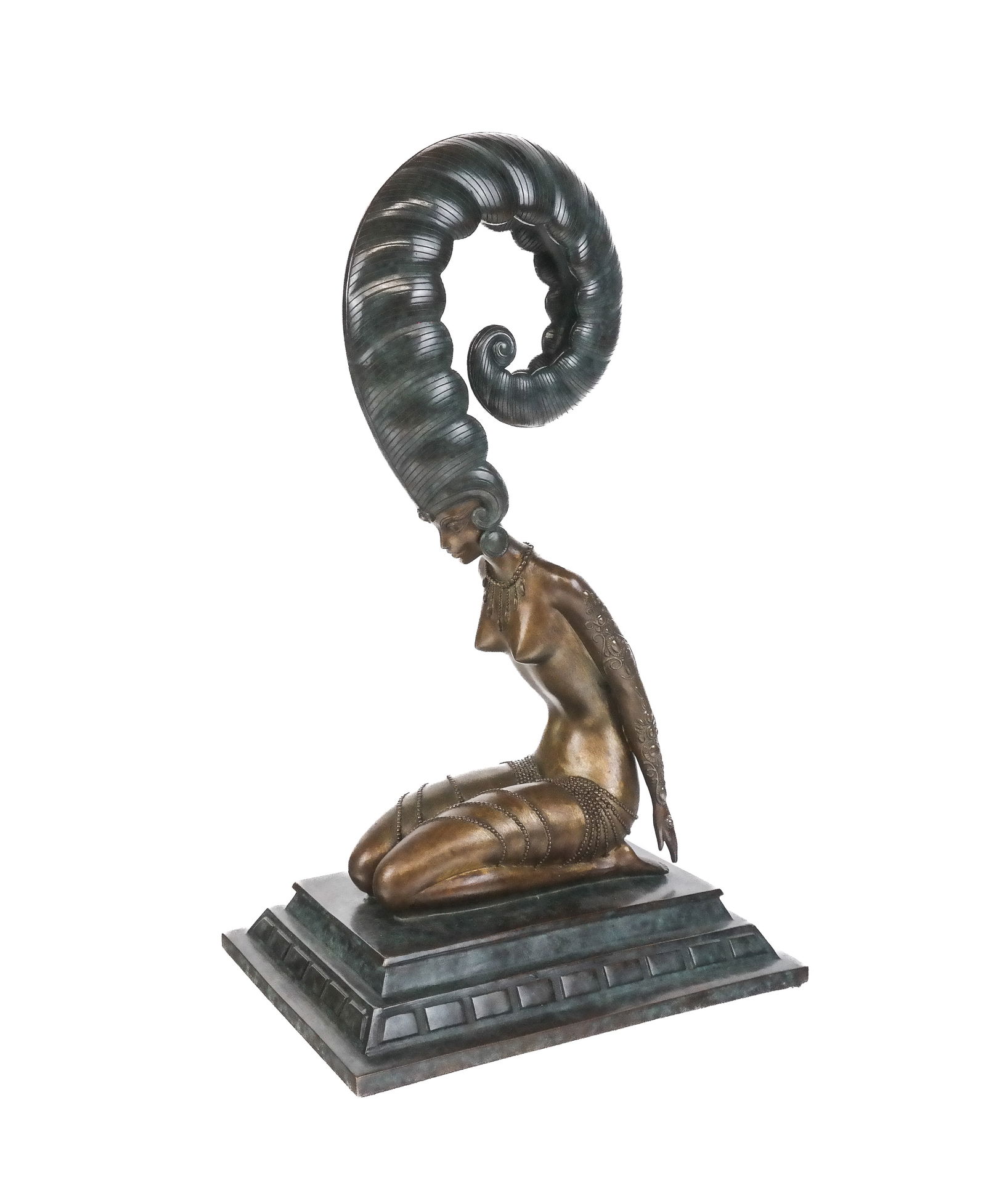 ERTE "La Plume" Bronze Statue: Erte "La Plume" bronze statue, late 20th century, with patinated details, signed Erte to reverse. [15.25" H x 6" W x 9" D]. Condition is good. Property from a New York collector.