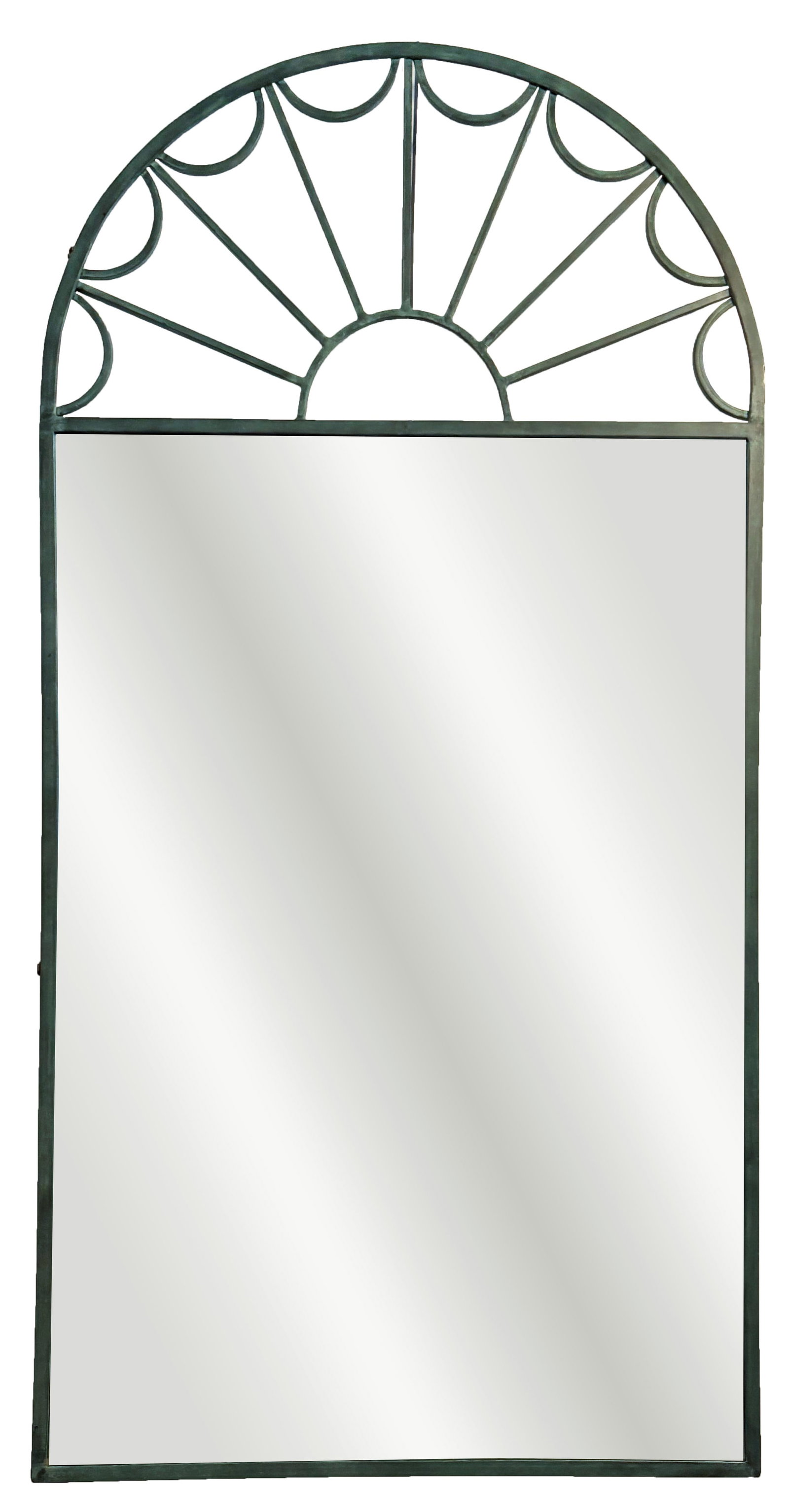 Collections Reproductions Iron Mirror: Collections Reproductions Hollywood Regency iron mirror with green patina, late 20th century, label to faux marble base on preceding lot. [66" H x 34" W]. Overall condition is good.