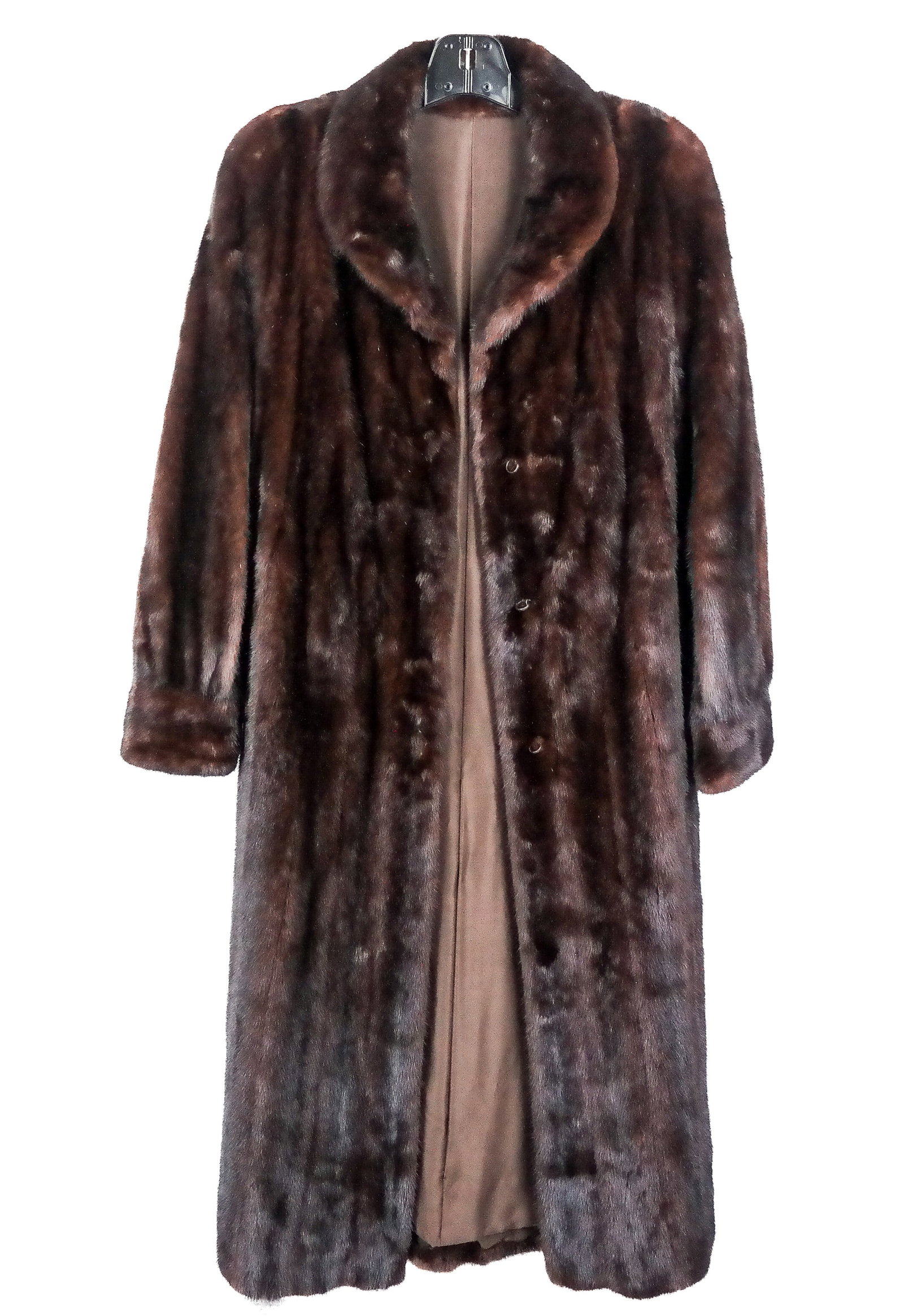 Mink Coat: Mink coat, unmarked, with hook and eye closure and a Peter Pan collar, lined. [Neck to hem: 52"; shoulder to shoulder: 18"; bust: 20"; sleeve: 27"]. Condition is good.