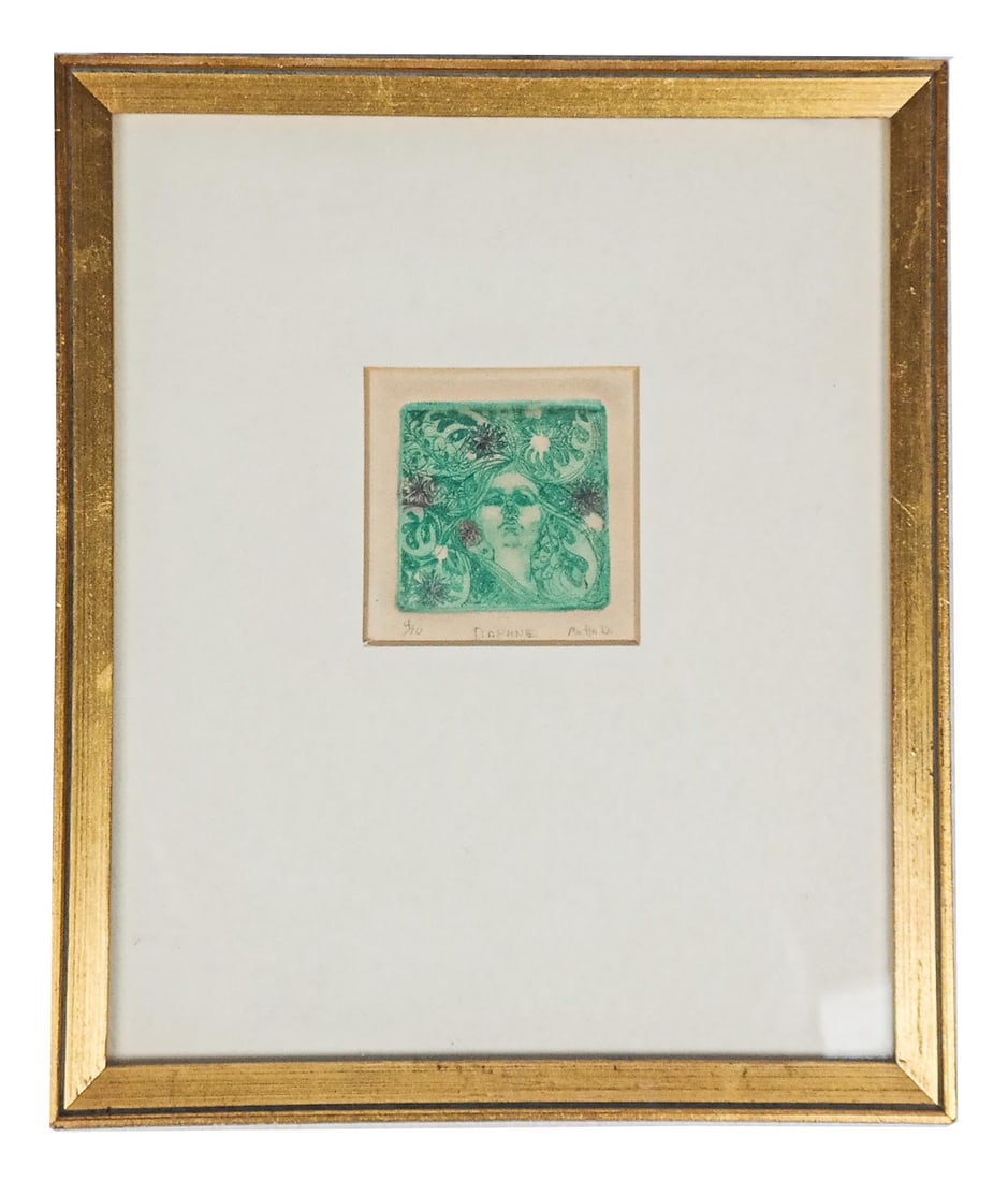 "Daphne" Etching in Colors, signed Matta D.: "Daphne" etching in colors, signed Matta D. and editioned 4/10 with title to lower, in a frame. [Framed: 9.5" H x 8.25" W]. Condition is good.