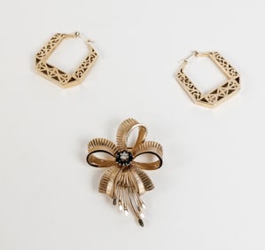 14K Gold Brooch & Pair Of Large Earrings