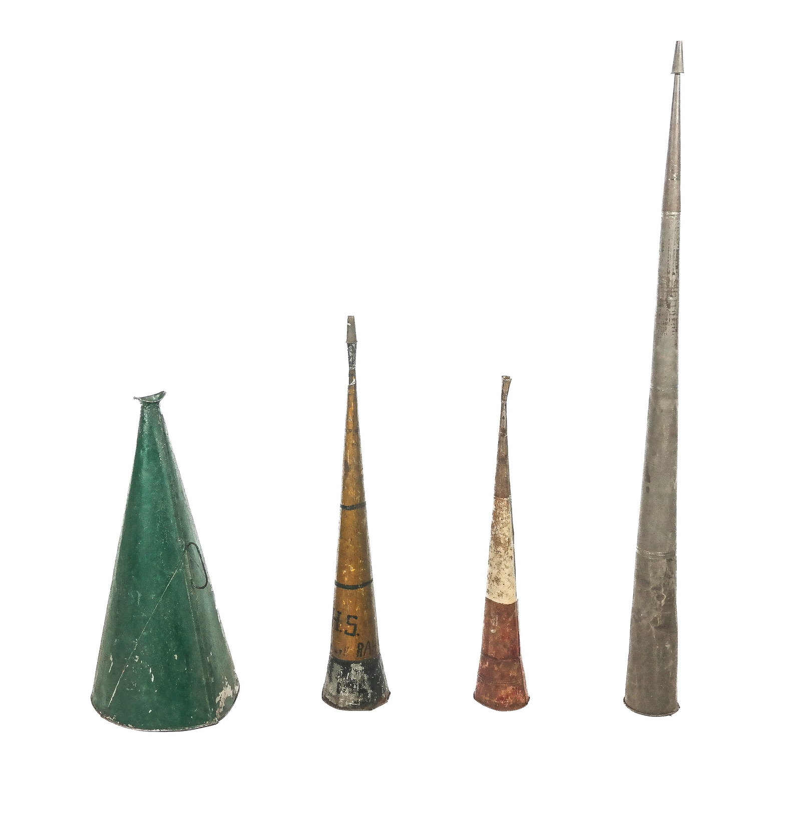 Four Vintage Tole Speaker Horns: Four (4) vintage tole speaker horns, including one painted green with a handle [52" L], two color [28" H x 5" W] and an "F.H.S. We will eat them up, RAH!" [33" H x 6" W]. In "as-is" condition. From th