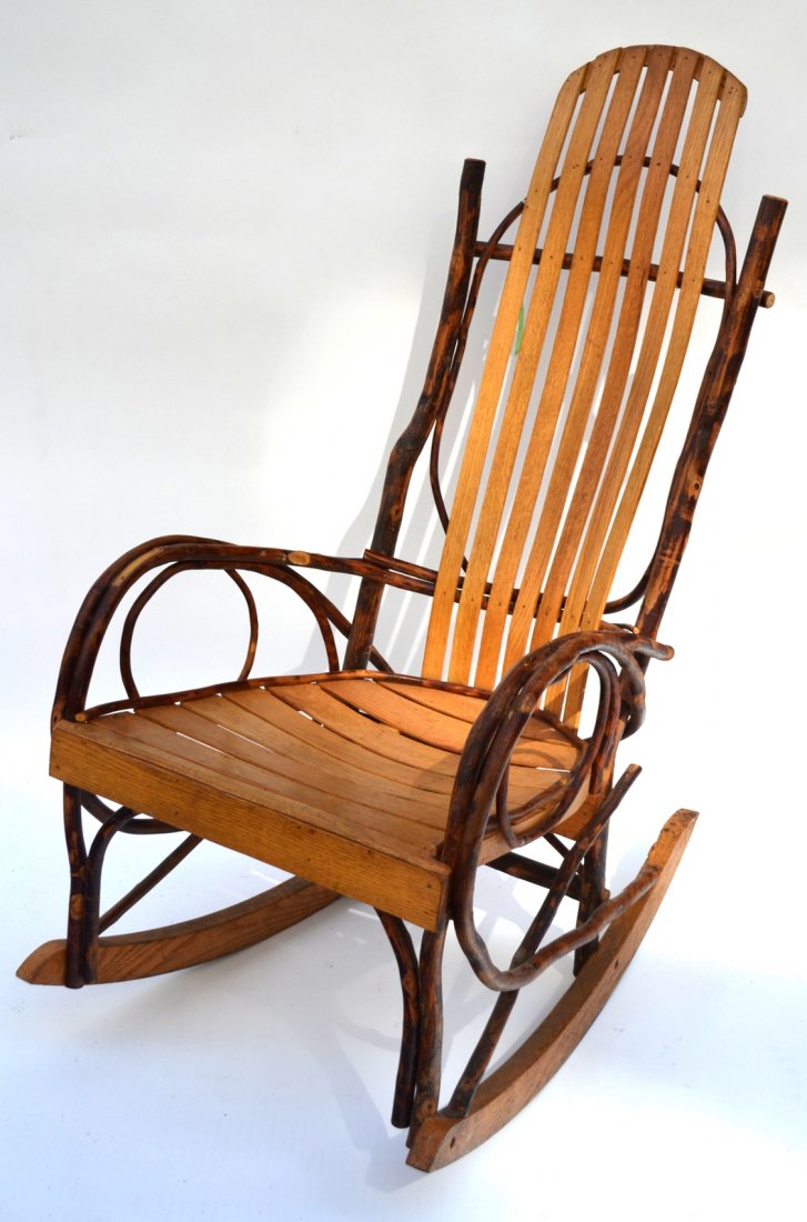 Adirondack Style Rocking Chair: Features bent cherry wood supports and oak slat seat and back. [22" W x 31 3/4" x 43" H [15 3/4" H to seat]