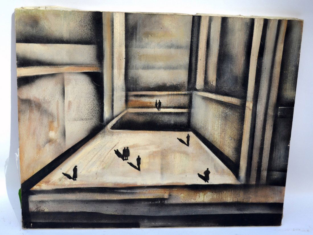 Pages, Oil on Canvas - Abstract with Figures: Muted geometric abstract occupied by figures in silhouette. Signed bottom left: "Pages." [Art: 29" x 36"] Unframed. Light soiling with scuffs at edges. Sold as is.