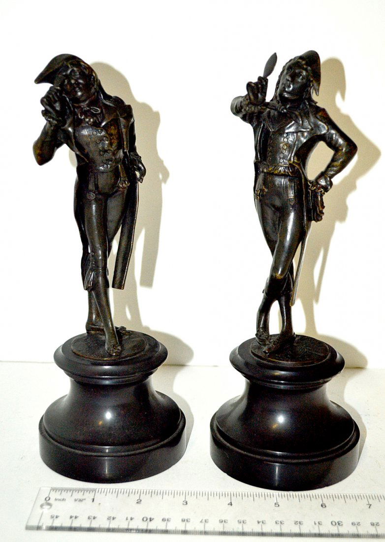 Pair of Austrian Bronze Caricatures - Dandies: Each depicts a stylish gentleman in an exaggerated pose admiring himself with a hand mirror. Signed on bottom illegibly. Both mounted on circular plinth bases. Bronzes only 6 3/4" High. Overall a few