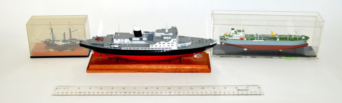Three Mounted Commercial and Civilian Ships: Comprises: 1.) "The William Fawcett" cased and mounted with brass plaque "...The First Ship to Carry the P&O Flag..." [Overall: 18 1/4" W x 5 1/4" x 8 3/4" H]. Accompanied by a Diorama depicting a Bri