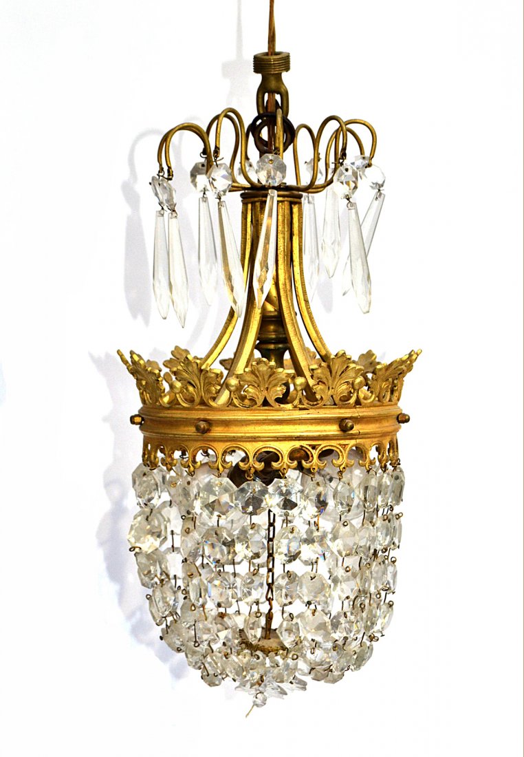 French Basket Hall Fixture: Bronze dore and crystal hall fixture. [Overall: 9"Dia. x 17"H]