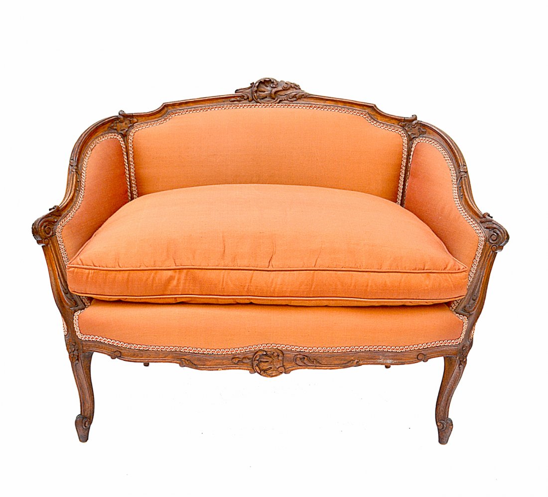 Louis XV Style Settee: Rose upholstery, carved walnut frame. [43"L x 22 1/2"D x 32 1/2"H (back)]