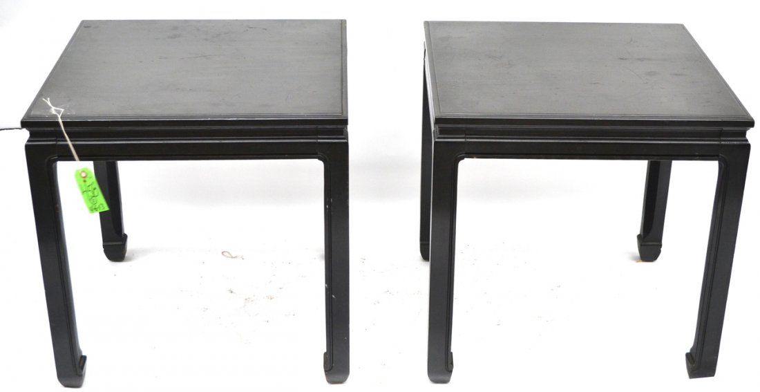 Pair of Modern Oak Black Tables: Pair of James Mont style modern oak black tables. Scratches. [22" x 22" x 23" H]