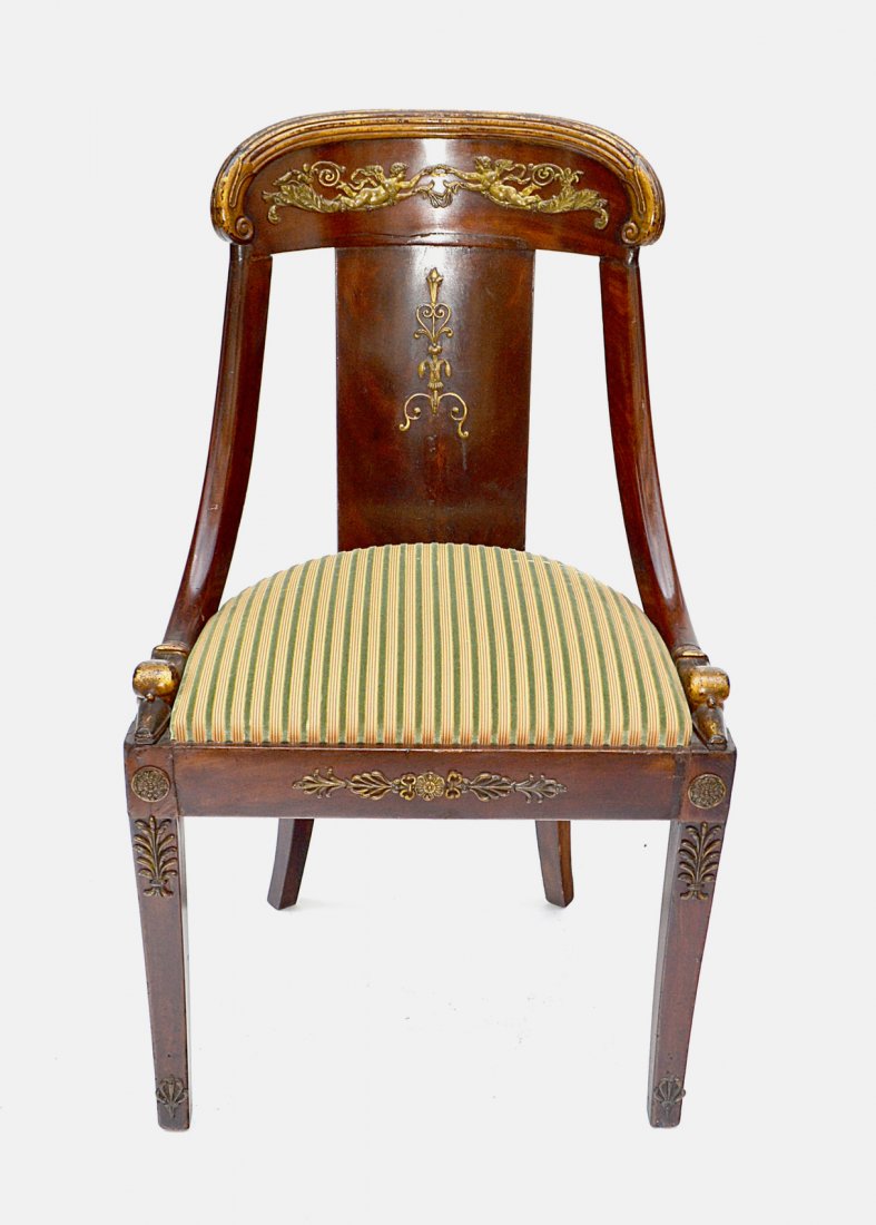 Regency Slipper Chair: Mahogany slipper chair. Features swan decorations at base of arms, and a slip seat.