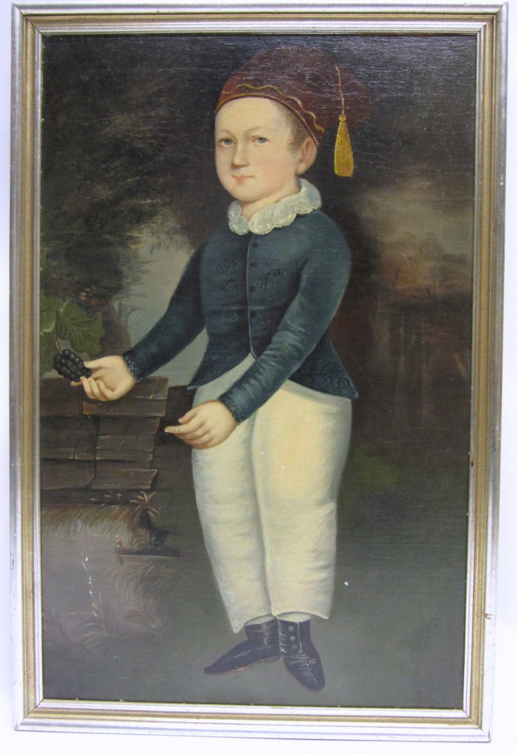 Style of John Samuel Blunt, Oil on Panel: Framed oil on panel painting depicting a young boy in a brown hat. Circa first half of the 19th C. [Art: 36" x 23"; Frame 39" x 26"] Surface of work is slightly dirty. Craquelure, light scratches to s