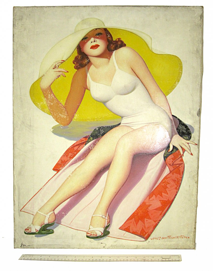 James Montgomery Flagg, Oil on Canvas- Portrait: Unframed oil on canvas depicting a woman in a creme and yellow hat. Signed lower right. [22"H x 30"W] Paint losses all over. Special note: this image is identical to the cover of "Film Fun" magazine i