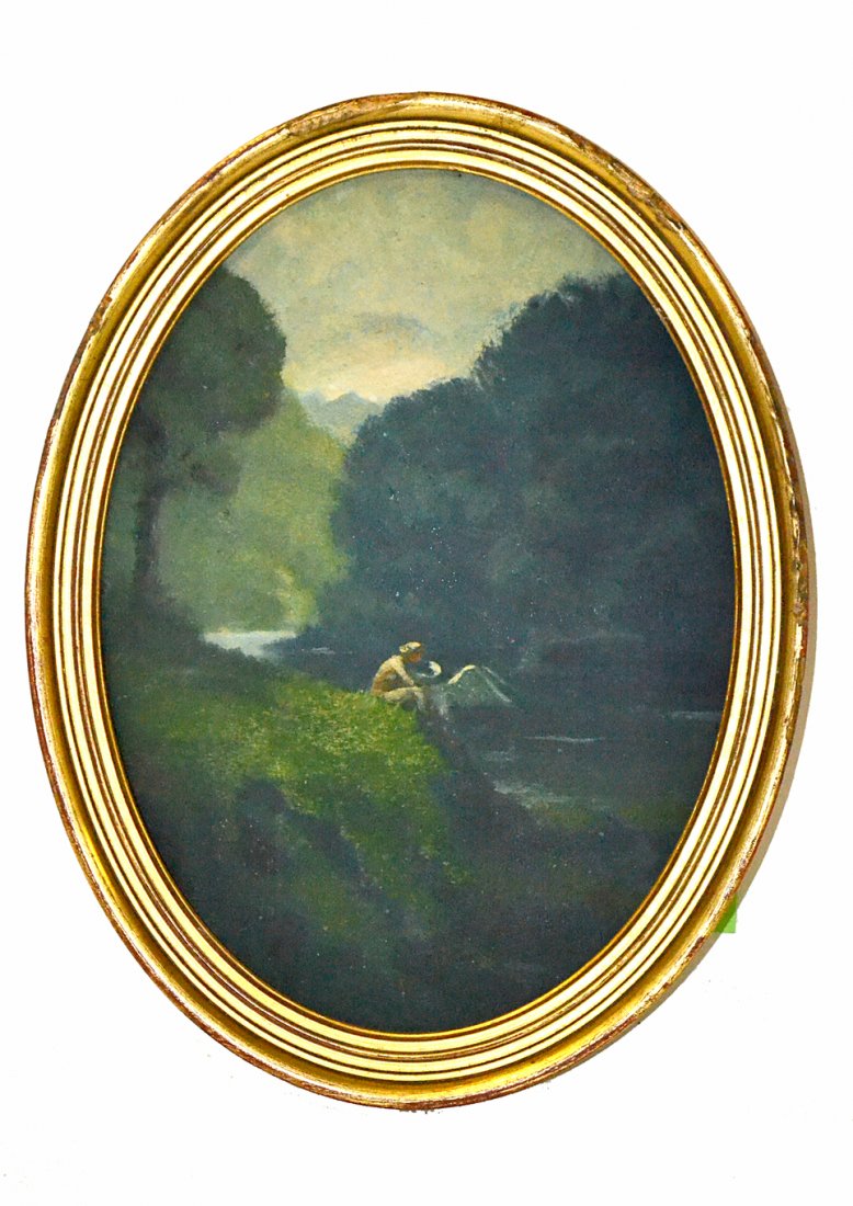 After William Morris Hunt- "At the Water's Edge": Oval painting of a female nude in a riverside landscape. Bears "Christie's New York City" label on back, as well as label reading: "William Morris Hunt 'At the Water's Edge'". [Art: 9"H x 12"W; Frame: