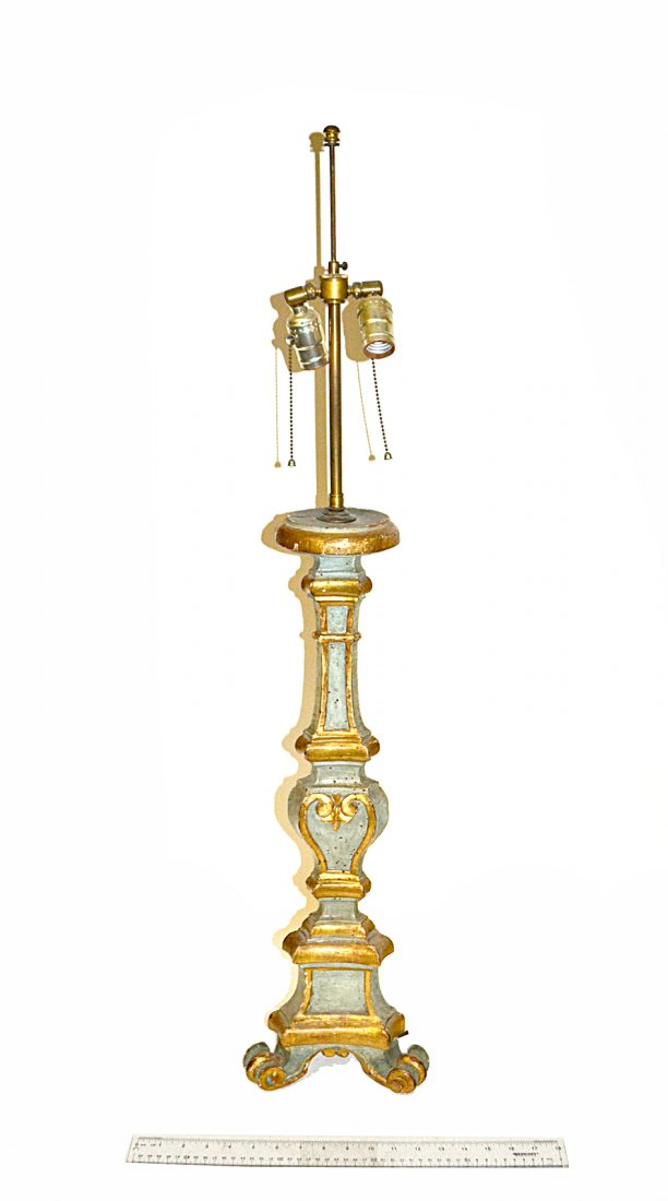 Late 19th Century Carved Altar Stick: Italian Renaissance style carved and painted wooden altar stick drilled and converted to a table lamp. [26 1/2"H]