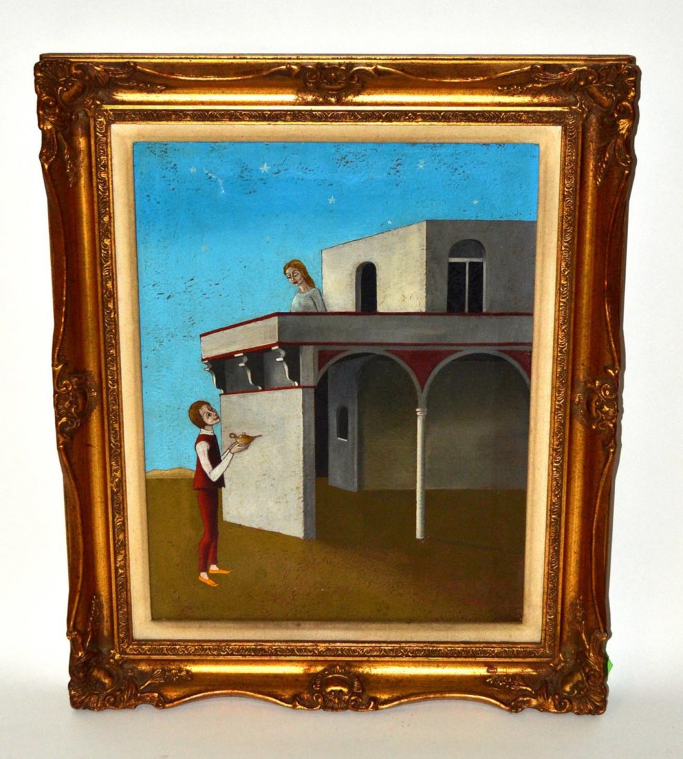 Masii, Oil on Canvas- Woman on a Balcony: Framed oil on canvas of a woman speaking from a balcony. Signed lower right: "Massi." Abrasions, slight partial puncture, craquelure. [Art: 14" x 18"; Frame: 19" x 23 1/2"] Provenance - Prima Vera Res