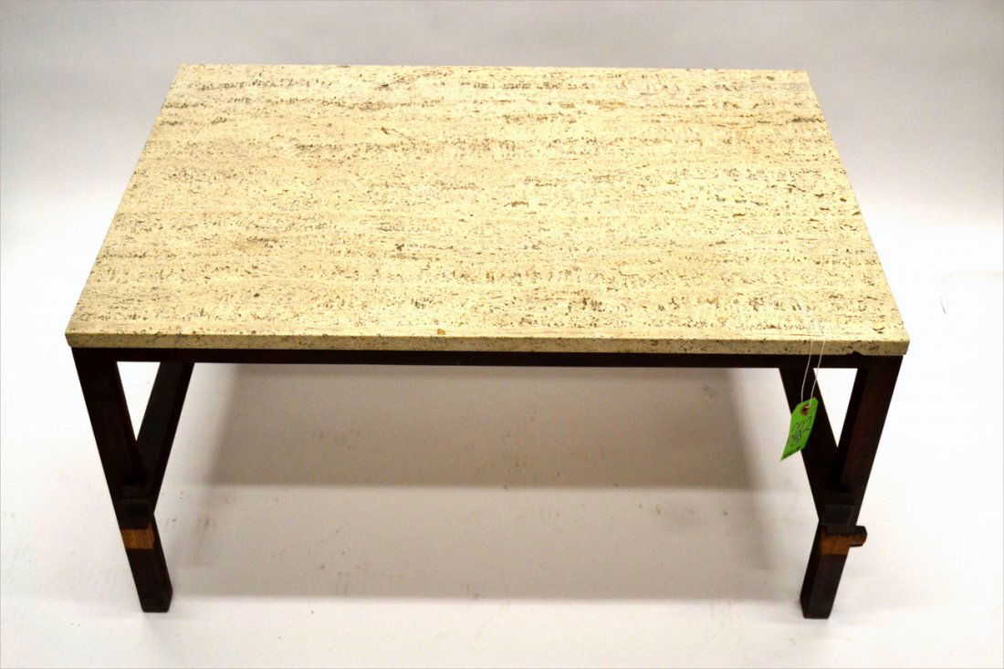 Two Travertine Top Tables: Each table in the mission manner, one table with a loose stretcher and a missing stretcher. The other is in overall good condition. [36" x 24 1/2" x 19" H; 24" x 18" x 21" H]