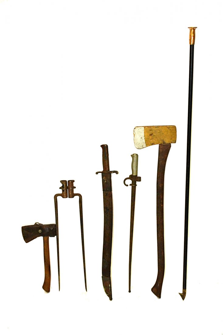 Assorted International Spear Weapons: Comprises African and European examples. Includes wood, bamboo, iron, steel, and brass elements [Shortest: 37 1/2"; Longest: 92 1/2"]. 7 items total. Condition varies, all sold together as is.