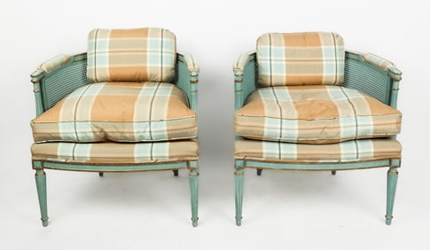 Pair of Hollywood Regency Upholstered Bergeres