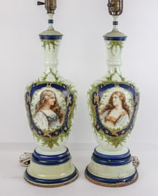Pair of Antique Hand-Painted Opaline Glass Lamps