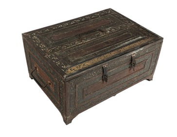 Antique Wood, Brass, Metal and Leather Trunk