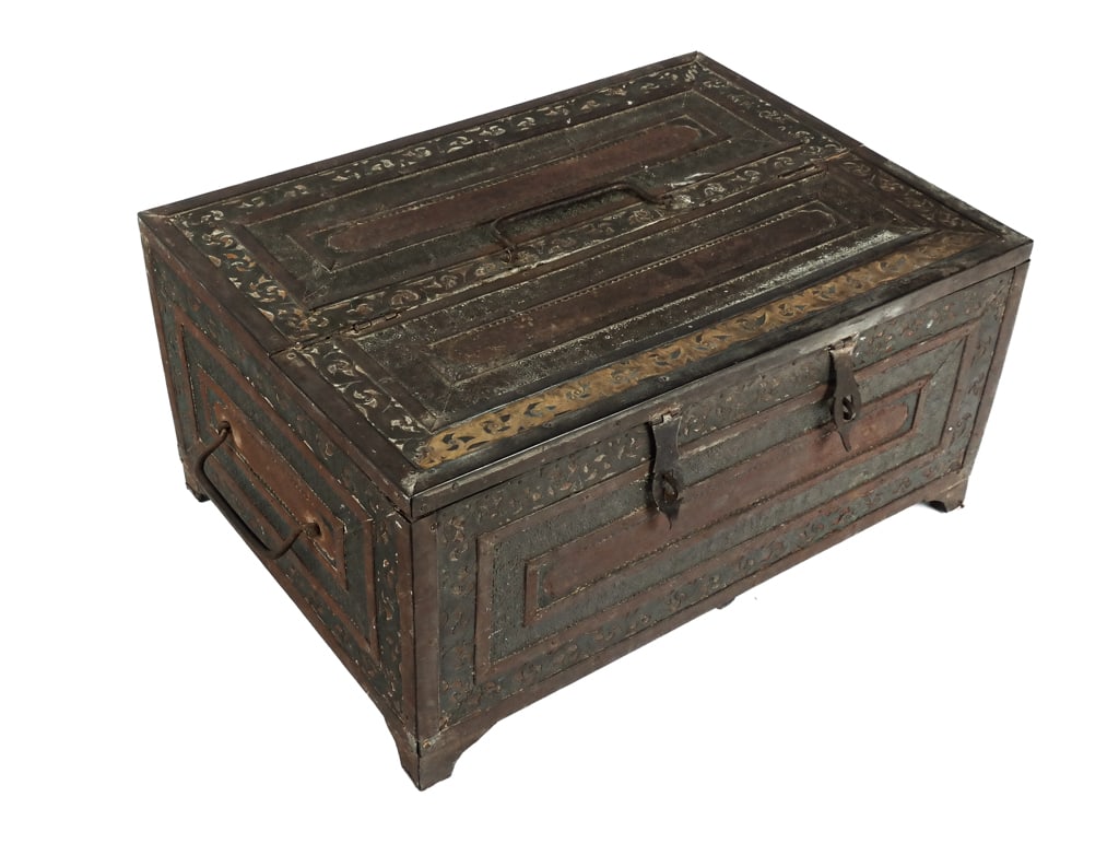 Antique Wood, Brass, Metal and Leather Trunk (1 of 12)
