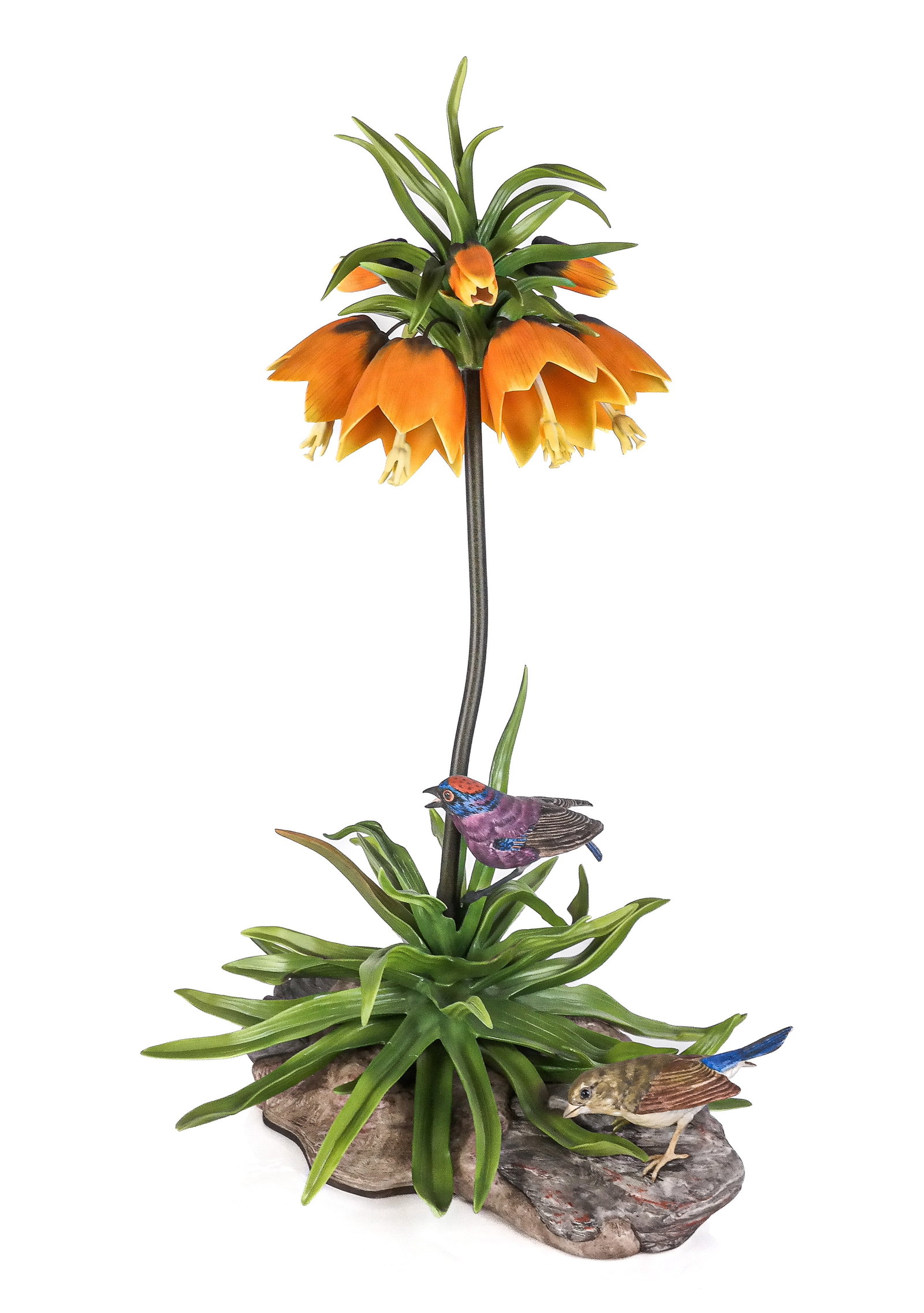 Boehm Limited Edition Figurine "Varied Bunting": Boehm porcelain figurine "Varied Bunting" depicting male and female varied buntings perched below blooming fritillarias, mark to base "Boehm Limited Edition Varied Buntings Passerina /versicolor ver.j