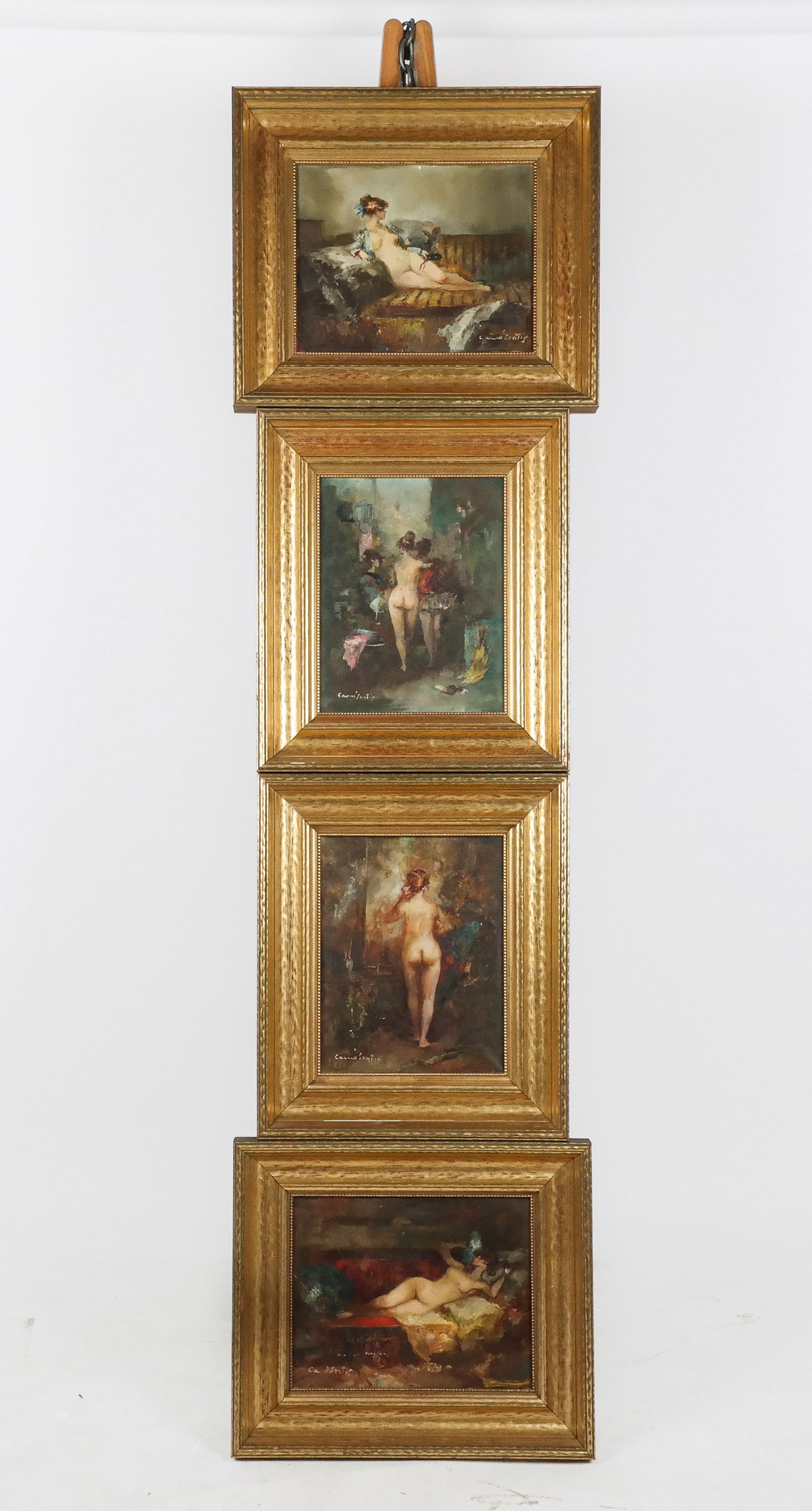 Joan CAMO SENTIS, Nude Oil on Canvas Paintings, 4: Joan Camo Sentis (Spanish, 1920-2001) four nude oil on canvas paintings, including two titled "Desnudo" to reverse, one titled "Camarino" and one untitled, three marked Mevo Gallery to canvas at verso