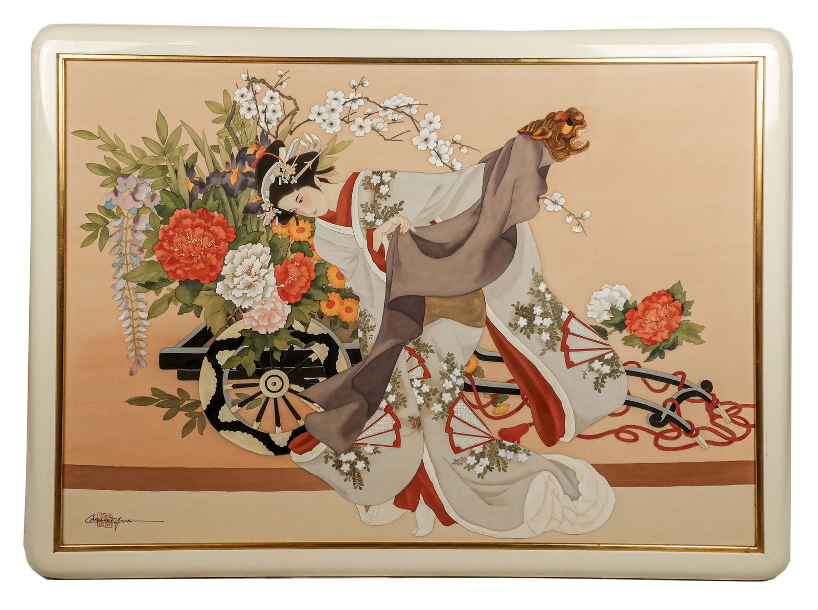 Caroline R. Young Ink on Silk Painting: Caroline R. Young (Chinese/American, b. 20th century) ink on silk of a figure with floral decoration, signed Caroline R. Young with the artist's seal to lower left. [Framed: 39" H x 50" W]. Condition