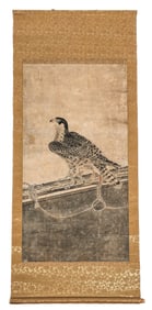 Japanese Ink on Paper Scroll with Falcon