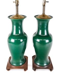 Chinese Pair Apple Green Baluster Vases as Lamps