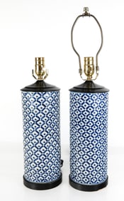 Chinese Pair of Blue and White Brush Pots as Lamps