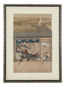 Japanese Ukiyo-E Woodblock of a Fan Shop
