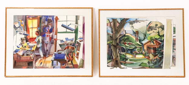Claude PONSOT: 2 Cubist Style Watercolors