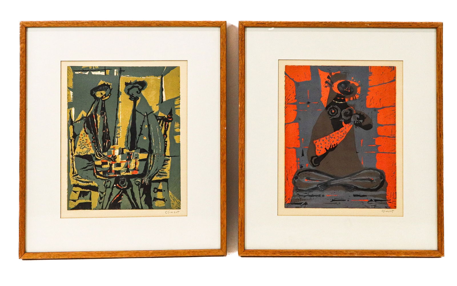 Enrique CLIMENT: 2 Figural Prints: Enrique Climent (Mexican, 1897-1980) group of two colorful framed and matted figural prints, each pencil signed lower right "Climent". [Sight: 12.5" H x 9.75" W; Frames: 18.5" H x 16" W]. Overall good