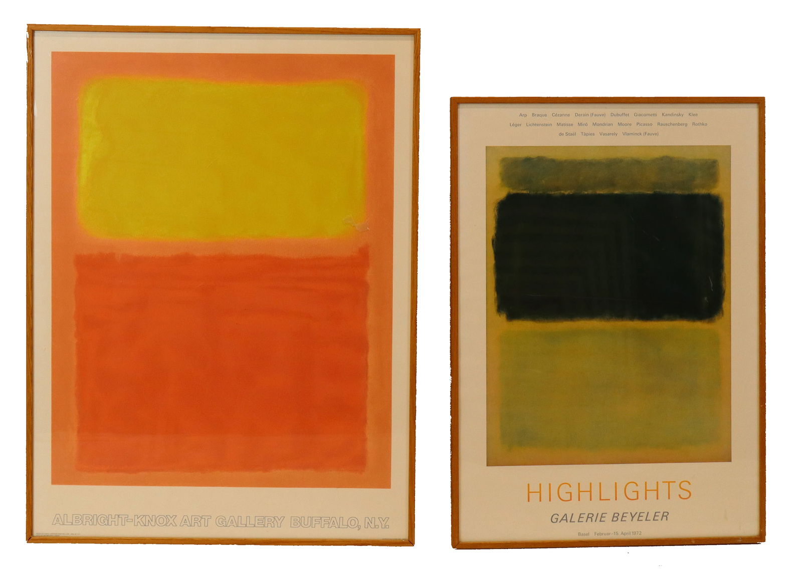 2 Mark Rothko Exhibition Posters: Group of two framed Mark Rothko exhibition posters, including: Mark Rothko at Albright-Knox Art Gallery, Buffalo, N.Y., copyright Pace Editions, 1975; and a group exhibition at Galerie Beyeler, 1972.