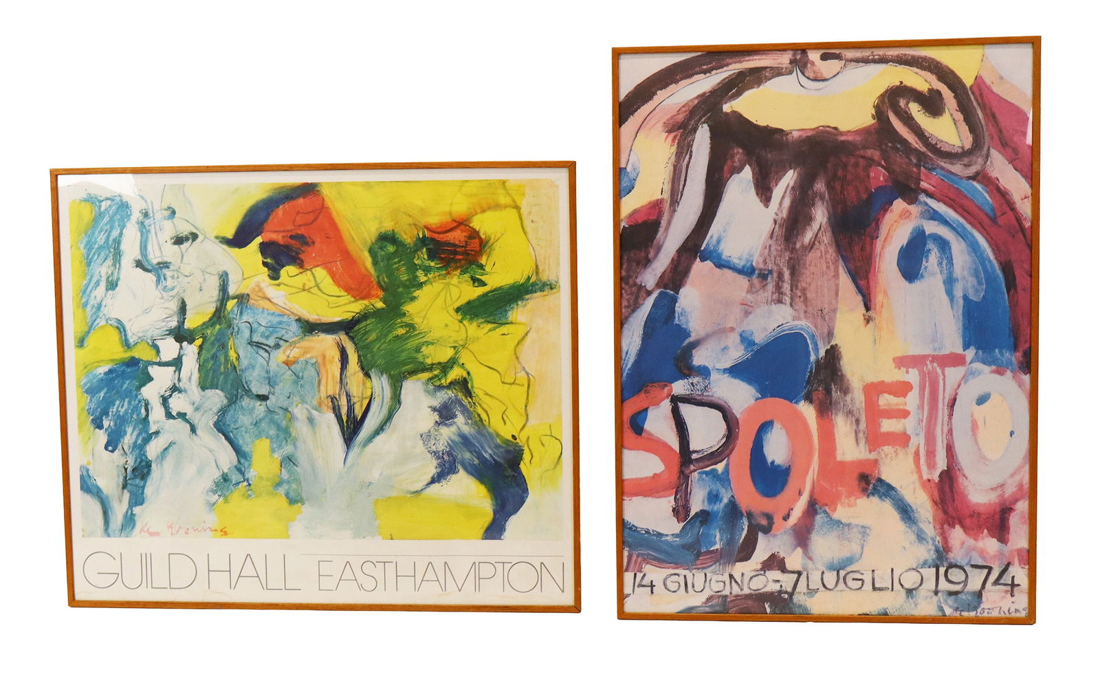 2 Willem de Kooning Exhibition Posters: Group of two framed Willem de Kooning exhibition posters for Spoleto Festival, 1974 and Guild Hall, East Hampton. [Larger frame: 42" H x 30.25" W]. Worn condition. East Hampton poster with water damag