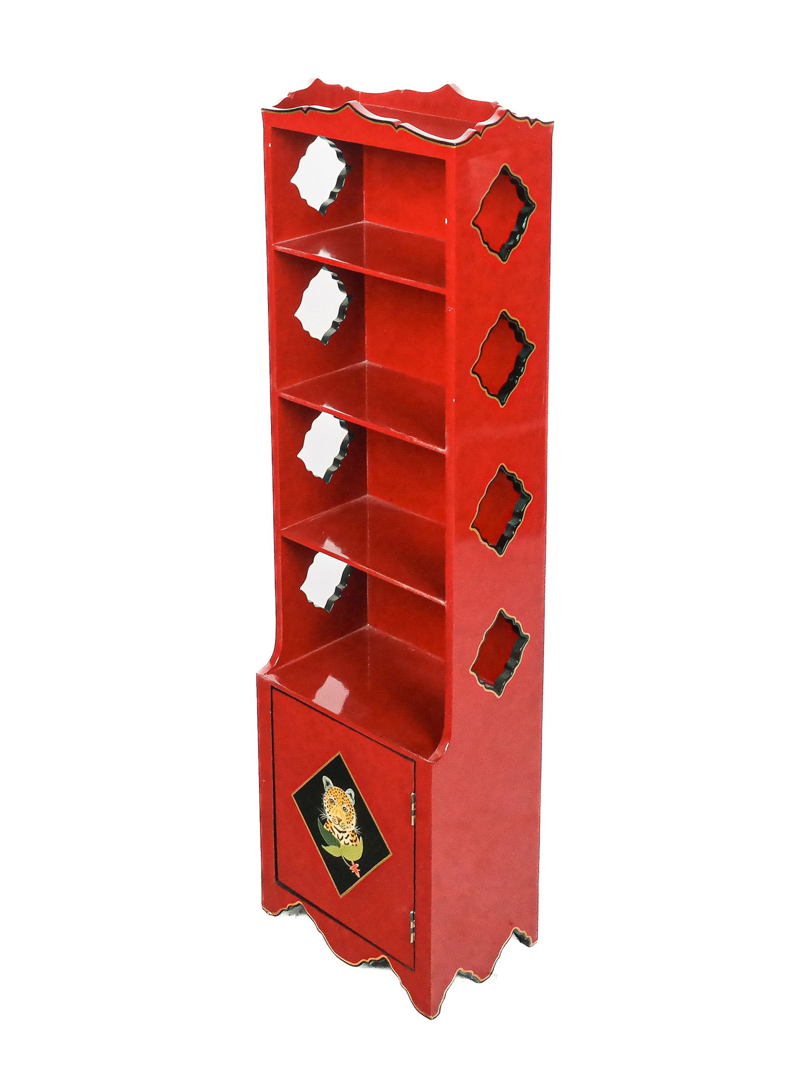 Five-Tier Red Lacquer Etagere by Lynn Chase: Five-tier red lacquer etagere, the lower section having a leopard medallion decoration on the door. The Chase Wildlife Foundation is founded by Lynn Chase. [40" H x 11" W x 7.5" D]. In good condition.