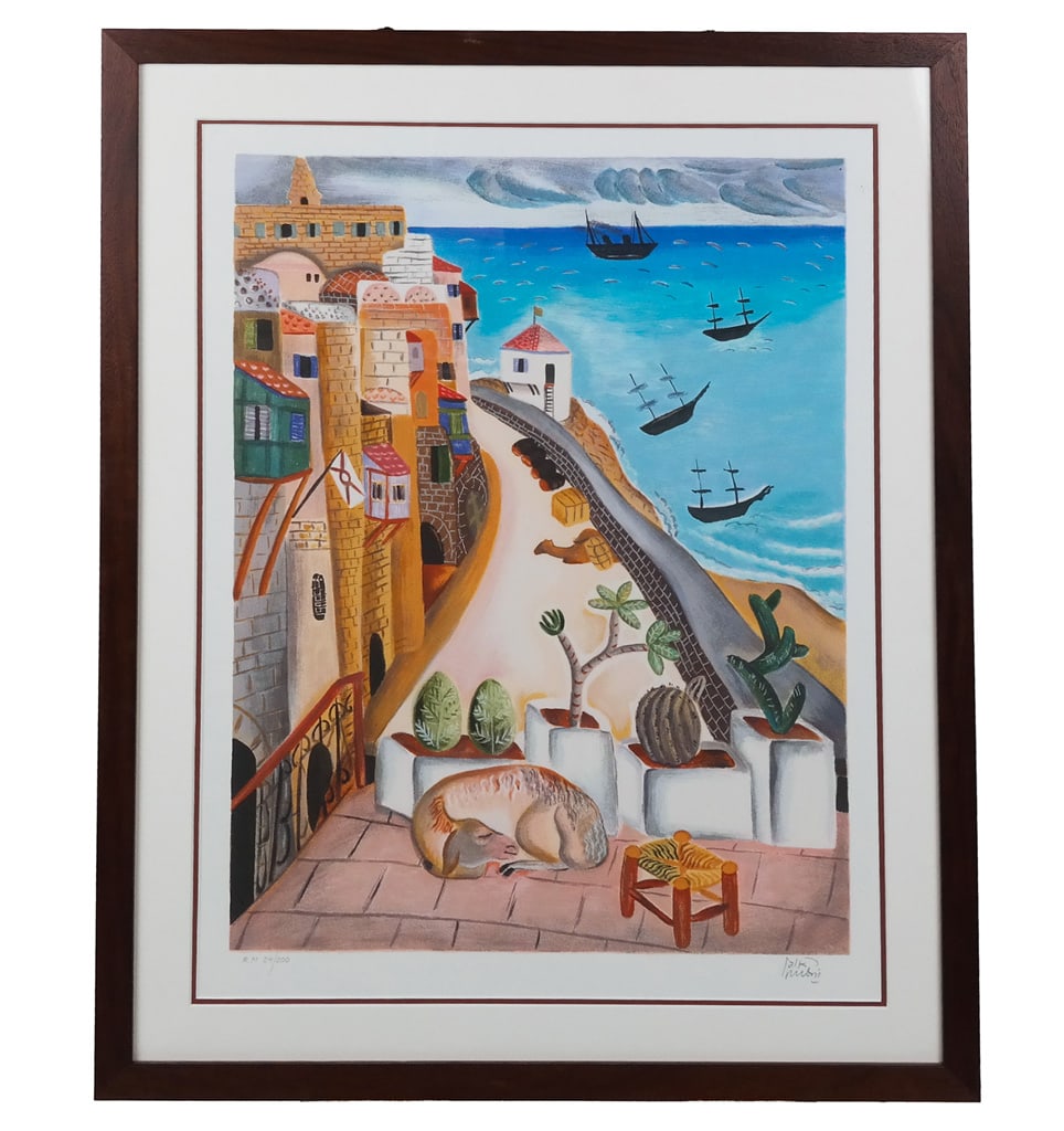 Reuven RUBIN: "Port of Old Jaffa" - Lithograph: Reuven Rubin (Romanian/Israeli, 1893-1974) color lithograph titled "Port of Old Jaffa", circa 1923. Signed in Hebrew lower right, inscribed and numbered lower left "R.M. 24/200", with printer's chop m