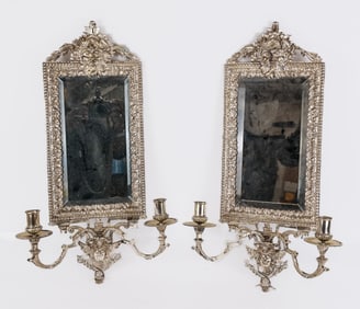 Pair of Silvered Metal Two Light Sconces