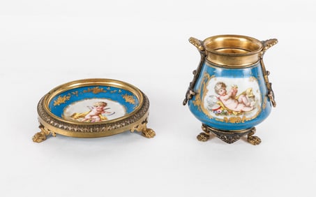 French Decorated Vase And Footed Dish