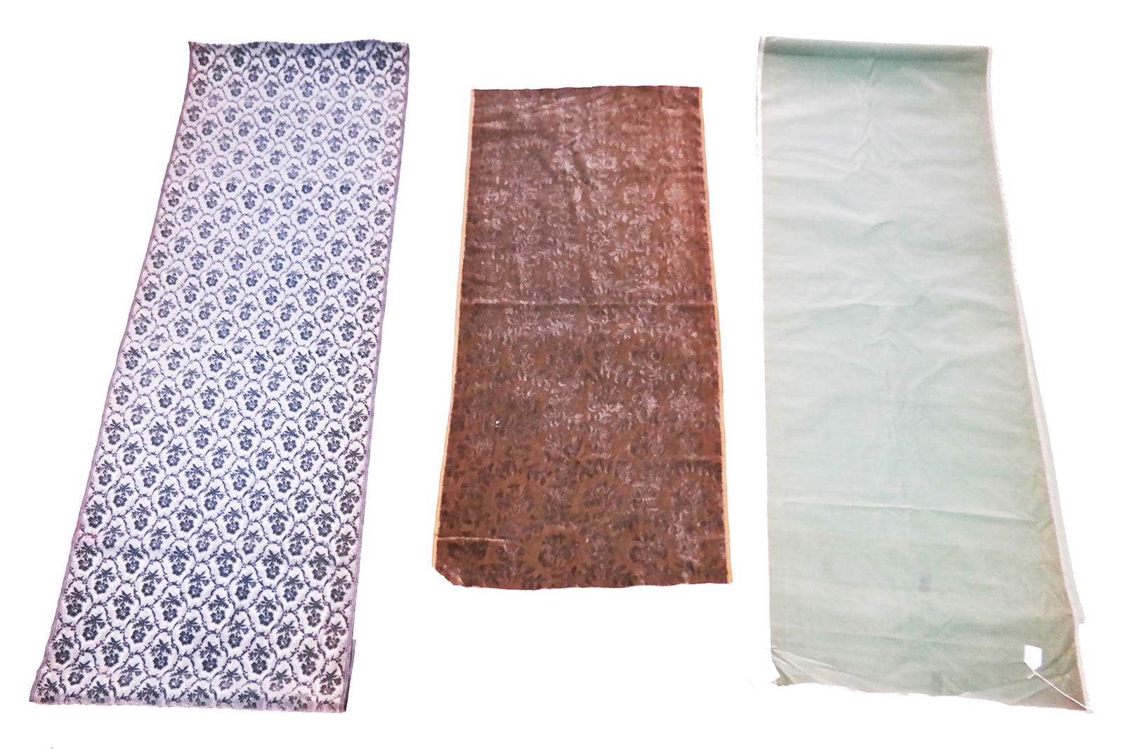Lot of 3 French Antique Wool Velvets, c. 1920s-30: Lot of French antique wool velvet yardage, circa 1920s-30s, 3 pieces, includes: stamped wool velvet having cornflower blue flowers in the late 18th century style, French, early 20th century [97 x 24.2