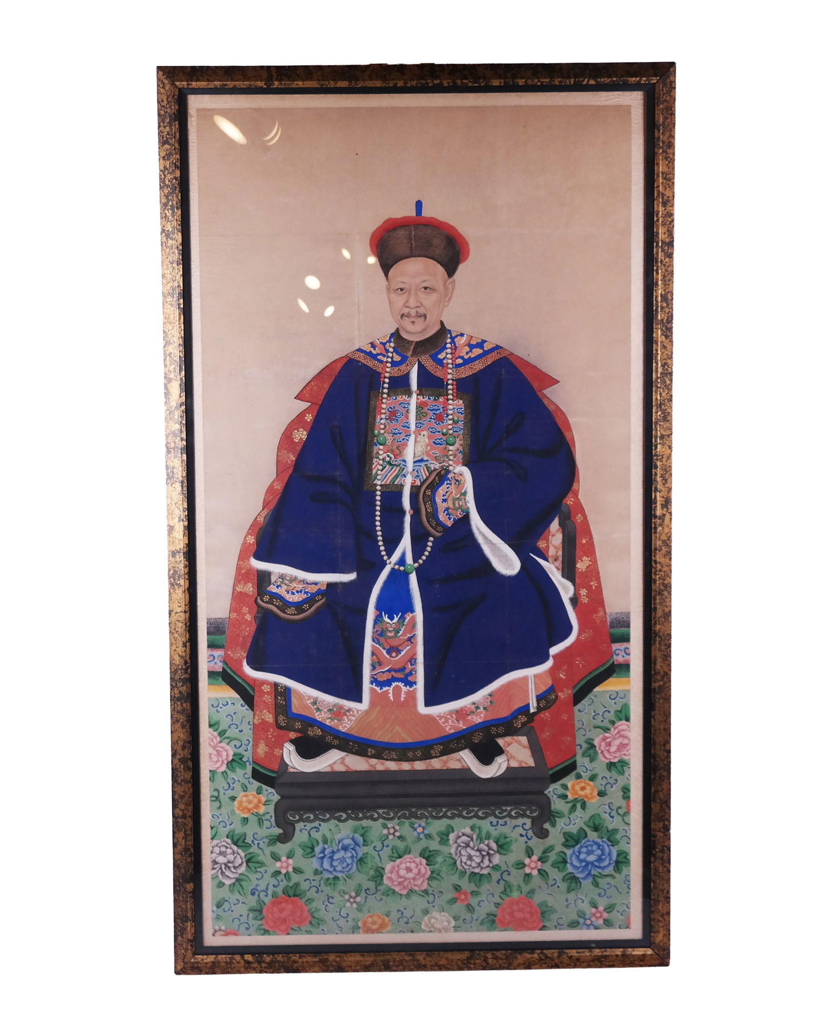 Chinese Qing Dynasty Ancestor Portrait: Chinese Qing Dynasty ancestor portrait, 18th century, with hand-painted details, in a frame. [67.75" H x 32.25" W]. Condition is good with some creasing to paper commensurate with folding. HALLWAY BY